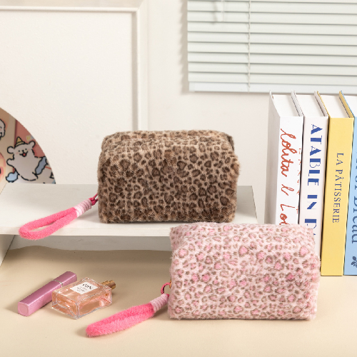 Large Leopard Print Cosmetic Bag with Strap, Portable Travel Makeup Organizer